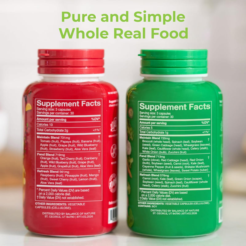 Balance of Nature Fruits and Veggies - Whole Food Supplement with Superfood Fruits and Vegetables for Women, Men, and Kids - 90 Fruit Capsules, 90 Veggie Capsules